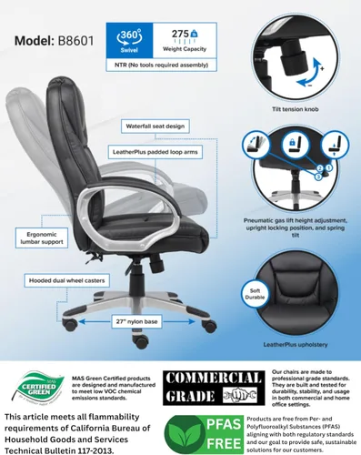 Vista 3 de Boss Office Products Silla LeatherPlus con respaldo alto, no requiere herramientas, color negro