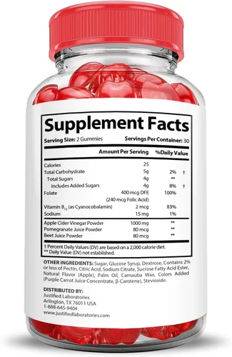 Vista 5 de Justified Laboratories Lifetime Keto ACV Boost Gummies 1000mg con jugo de granada remolacha raíz B12 60 gomitas