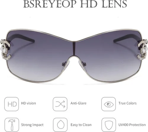 Vista 8 de Gafas de sol Y2K envolventes para mujeres y hombres, marco grande de una pieza, lentes degradados con diseño de escudo de moda