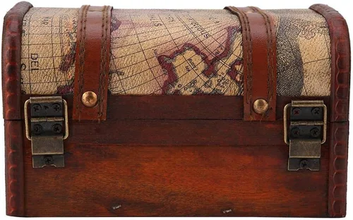 Vista 6 de Cofre del tesoro pirata caja de madera decorativa hecha a mano caja de almacenamiento de joyas para decoración del hogar Mapa