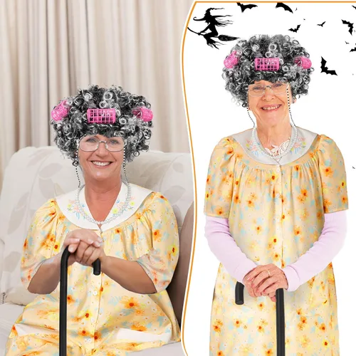 Vista 6 de Jiuguva 7 piezas de disfraz de anciana para mujeres y niños, túnica de manga corta para abuelita, peluca de anciana, peluca plegable con muleta