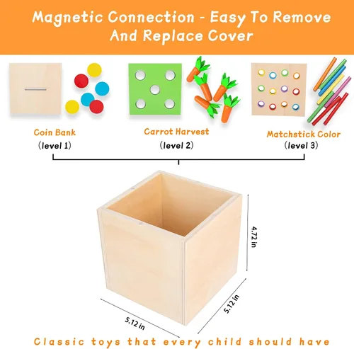 Vista 4 de Adena Montessori Kit de juego de madera Montessori 3 en 1 para bebé, incluye juego de gotas de color con cerillas, juego de cosecha de zanahorias