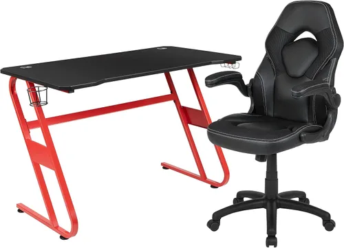 Vista 39 de Flash Furniture Juego de escritorio para juegos negro y silla de carreras blanco/negro con soporte para tazas, gancho para auriculares y soporte