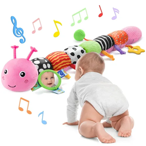 Vista 10 de Awotoy Baby Toys - Juguete musical de oruga interactivo multicolor para bebés, sonajero arrugado, suave con campana de anillo, juguete de peluche