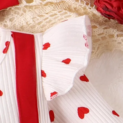 Vista 4 de VISGOGO Mameluco para el día de San Valentín para niña pequeña, con volantes, manga larga, estampado de corazón, con diadema