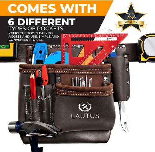 Vista 3 de LAUTUS Cinturón de herramientas de cuero curtido con aceite de 5 bolsillos, bolsa de herramientas multifuncional, bolsa, delantal, carpintero