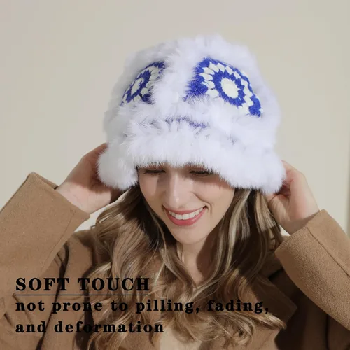 Vista 4 de kozinu Crochet Bucket Hat for Women Knit Handmade Foldable Floppy Warm Cap Fashion Cute Fishing Hat Striped Floral Winter hat