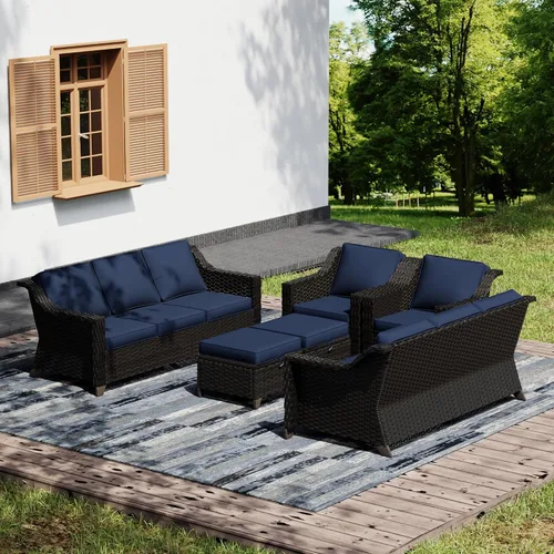 Vista 24 de Joyside Juego de 2 sillas de mimbre para patio, muebles de ratán para exteriores con reposabrazos anchos y cojines gruesos, tamaño grande mejorado