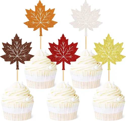 Vista 11 de Ercadio Paquete de 30 adornos para cupcakes con hojas de arce de otoño, purpurina dorada, hojas de arce de otoño, cosecha de otoño, temática de A-Oro