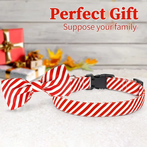 Vista 3 de Malier Lindo collar de Navidad ajustable con corbatín, rayas clásicas para perros y gatos pequeños a grandes (rayas rojas, mediano)