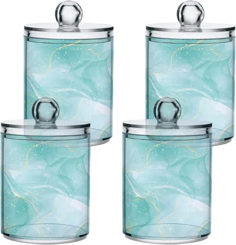 Vista 2 de Juego de 2 dispensadores de bastoncillos de algodón de mármol turquesa, recipiente de almacenamiento para baño, tapa de plástico acrílico, frasco