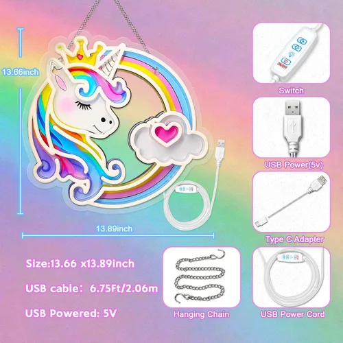 Vista 4 de Letrero de neón de unicornio para decoración de pared, 10 luces de neón de arco iris ajustables y regulables de colores para habitación de niñas