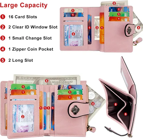 Vista 2 de defway Cartera pequeña para tarjetas para mujer, cartera para mujer con soporte para tarjetas de bloqueo RFID, bolso pequeño compacto para mujer, 16