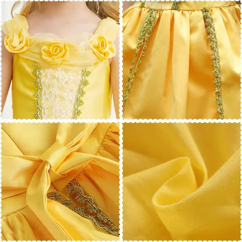 Vista 5 de iTVTi Disfraz de princesa Bella para niñas, vestidos amarillos, disfraz de Halloween, cosplay, cumpleaños, con accesorios