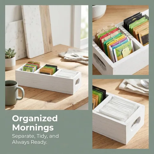 Vista 4 de Organizador de bolsas de té de madera: 3 compartimentos, soporte de caja de té de madera, caja de almacenamiento de bolsa de azúcar para barra