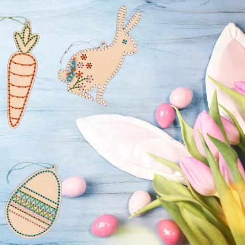 Vista 2 de Kit de costura de madera, adornos de Pascua, juego de 3 piezas, manualidades para adultos o niños, kits de manualidades para adolescentes, kit