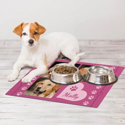 Vista 4 de Alfombrillas personalizadas de piel sintética para comida y agua, antideslizante e impermeable para nombre/foto, tapete personalizado