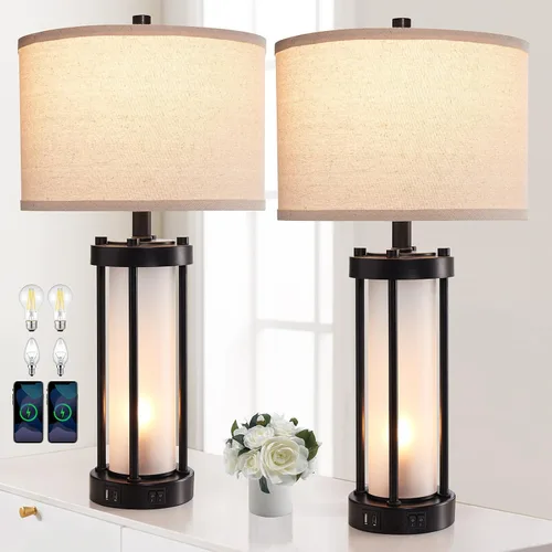 Vista 12 de Lámparas de mesa modernas para sala de estar, lámparas industriales de mesita con 2 puertos USB, lámpara rústica de mesita con luz nocturna