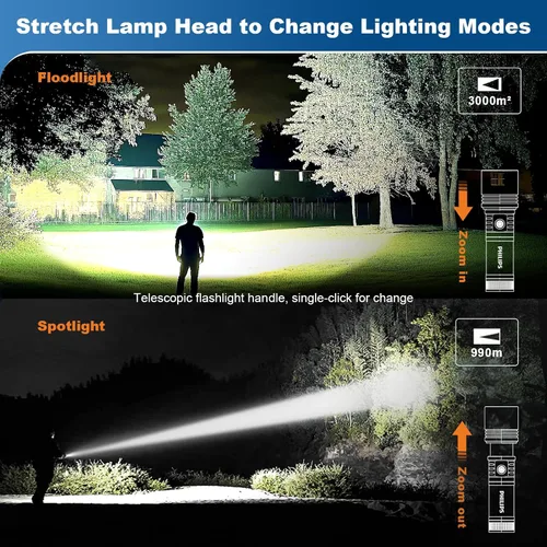 Vista 3 de Linternas Philips recargables de alto lúmenes con lente de encendido, linternas tácticas de 2500 lm con lámpara de camping, linterna LED de 2