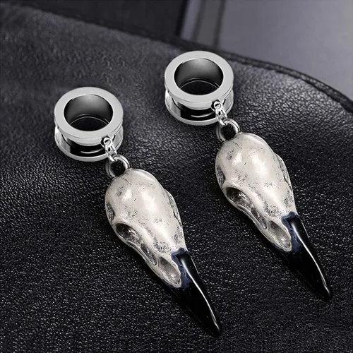 Vista 4 de 2 pendientes de dilatación de oreja para dilatadores de oídos, dilatadores de oído, joyería corporal, cuervo, cráneo de cuervo, dilataciones de acero