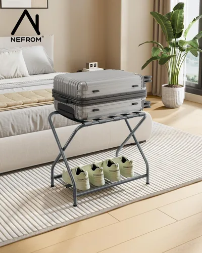 Vista 4 de LR-GY-2 - Portaequipajes plegable con estante de almacenamiento, soporte de equipaje de metal para habitación de invitados, dormitorio, hotel LR-GY-2