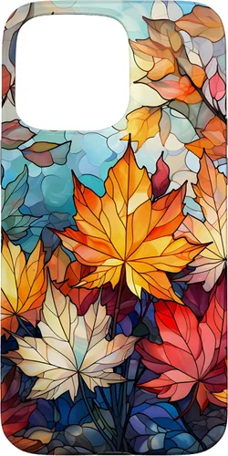 Vista 30 de iPhone 15 Otoño hojas de arce vitrales estilo abstracto caso
