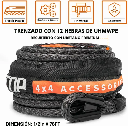Vista 2 de ALL-TOP Cable de cuerda de cabrestante sintético, 1/2 pulgada x 76 pies, línea de repuesto de cabrestante de 31500 libras con funda protectora