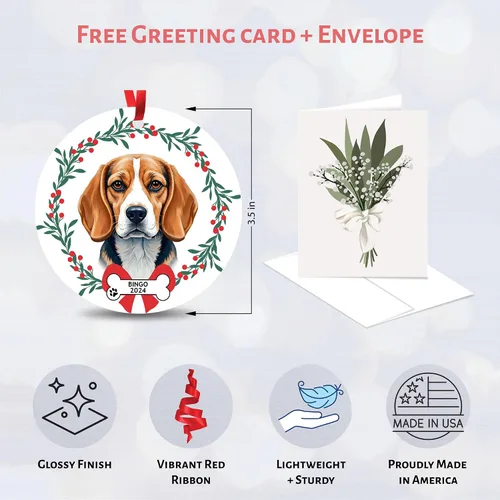 Vista 2 de Adorno de Navidad personalizado de Beagle, adorno personalizado con nombre de mascota, regalos para los amantes de los perros Beagle, decoración