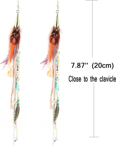 Vista 5 de Badu - Aretes de plumas para mujer, diseño de borla larga, joyería bohemia, accesorios de boda