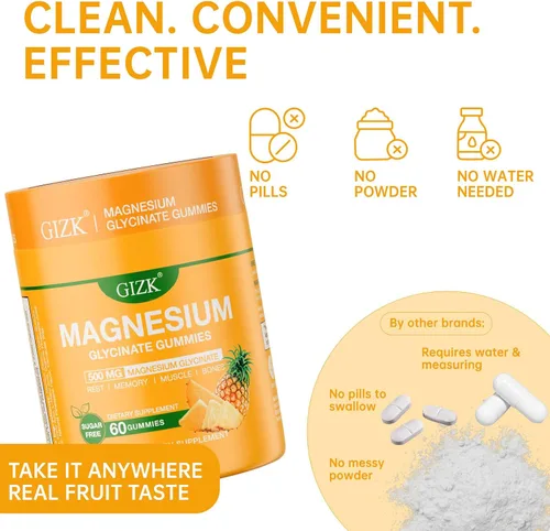 Vista 8 de Gomitas de glicinato de magnesio de 500 mg - Gomitas de magnesio sin azúcar para dormir, estrés, apoyo muscular y nervioso - para adultos y niños