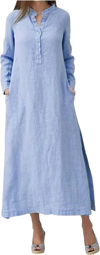 Vista 14 de Maxi vestido largo liso para mujer, de algodón caftán, manga larga, vestido de gran