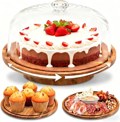 Vista 9 de Cutesun Soporte para pastel de bambú y madera con tapa - Soporte rectangular para pastel, juego de exhibición de 2 en 1 para mesa de postre y tabla