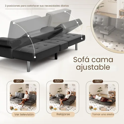 Vista 4 de Shahoo - Sofá cama convertible tipo futón plegable para sala de estar, sofá cama con respaldo tapizado de cuero sintético, sillón con reposabrazos