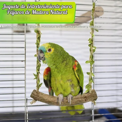 Vista 5 de Percha de madera natural para pájaros con hojas decorativas Verde