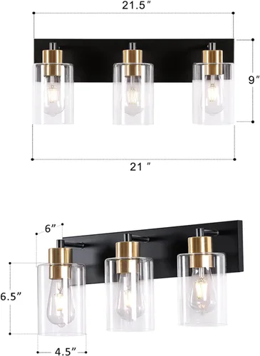 Vista 10 de Luz de tocador negra y dorada de 3 luces para baño y cocina, 22 Negro y Dorado