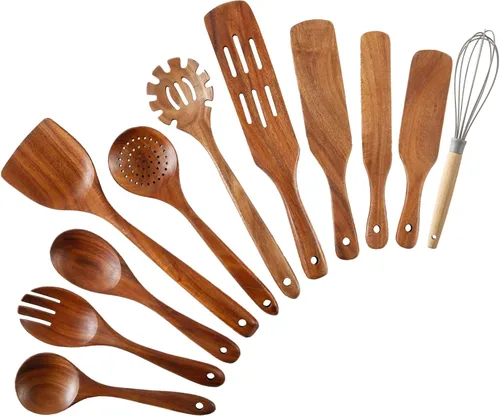 Vista 7 de Cucharas de madera para cocinar, juego de 7 piezas de utensilios de cocina de madera de teca natural, cuchara de madera, espátula, tenedor