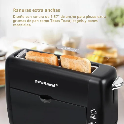 Vista 4 de Tostadora de ranura larga de 2 rebanadas con 6 ajustes de tostado, función de bagel/cancelar, ranuras extra anchas, bandeja extraíble para las Negro