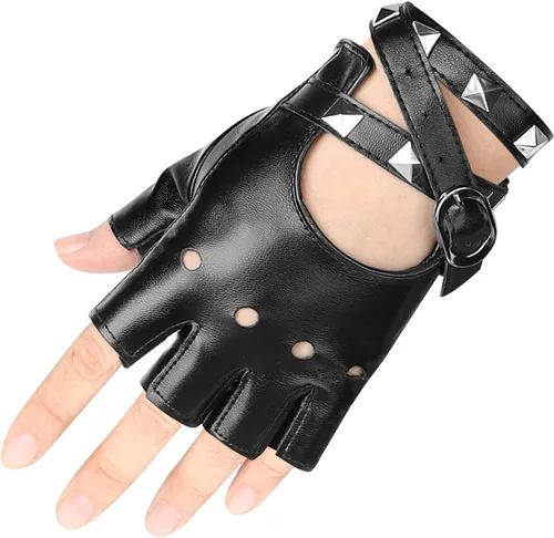 Vista 4 de Accmor Guantes de cuero punk, guantes sin dedos para mujeres, conducción, ciclismo, deportes, cosplay, rendimiento, guantes de medio dedo