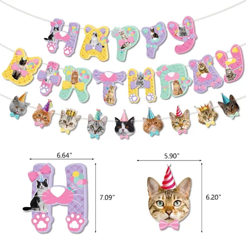 Vista 4 de TSJ Cartel de feliz cumpleaños de gato, pancarta de caras de gato, guirnalda de banderines de gato para fiesta de cumpleaños temática de gatito