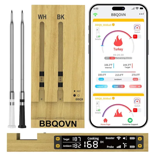 Vista 10 de BBQOVN Termómetro inalámbrico WiFi Sub-1G para carne, rango ilimitado, 7 sensores certificados NIST con temperatura ambiente, 2 formas de monitoreo