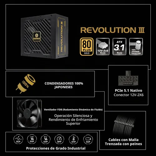 Vista 2 de ENERMAX Revolution III 850 - Fuente de alimentación PC totalmente modular - 850 vatios - 80 Plus Gold - 600 W 12V-2x6 Conector - 100% Capacitores