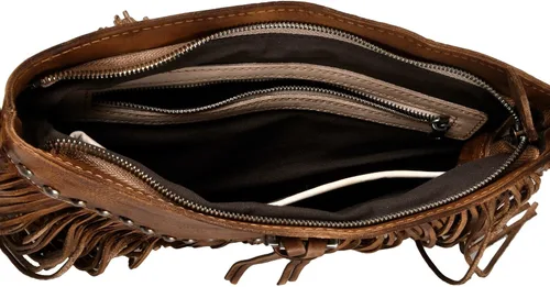 Vista 4 de ZLYC Bolso cruzado de cuero con flecos y borlas bohemias, hecho a mano para mujer