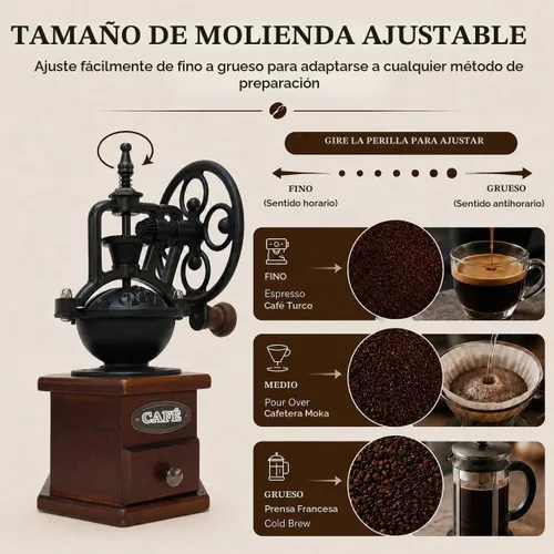 Vista 4 de Molinillo de café manual vintage con manivela de rueda de hierro fundido, molinillo de café de madera con rebabas de cerámica, tamaño de molienda