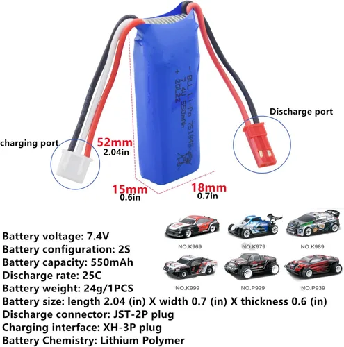 Vista 2 de sea jump Batería de litio de 7.4V 550mAh para wltoys K969 K979 K989 K999 P929 P939 284131 Accesorios de coche RC de alta velocidad Batería de litio