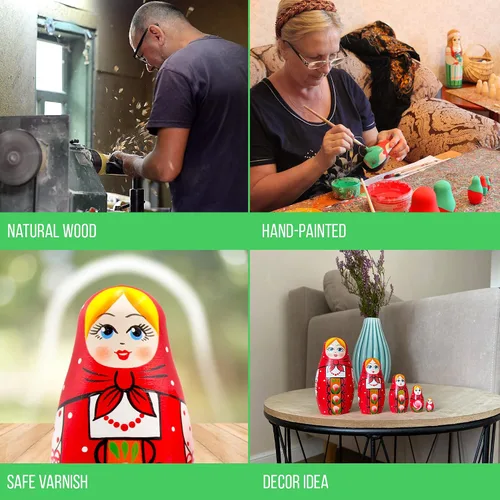 Vista 4 de AEVVV Juego de 5 muñecas de anidación rusas, muñecas Matryoshka con sarafan ruso rojo tradicional, muñecas Babushka, muñeca anidadora de madera