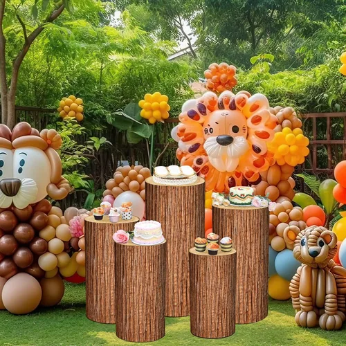 Vista 7 de FairySandy Juego de 5 fundas de soporte de cilindro con textura de madera, cubierta de pedestal de elastano para fiestas, bodas, baby shower