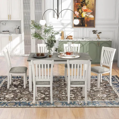 Vista 68 de Juego de mesa de comedor vintage de 6 piezas, juego de mesa de comedor de cocina de madera maciza con 4 sillas ergonómicas acolchadas y banco, mesa