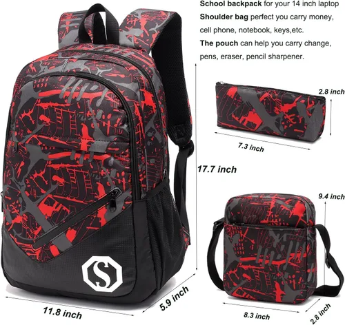 Vista 4 de Mochilas escolares para niños y niñas, juego de mochila para adolescentes, bolsa de hombro y estuche para lápices, B246 Rojo, talla única , Mochilas