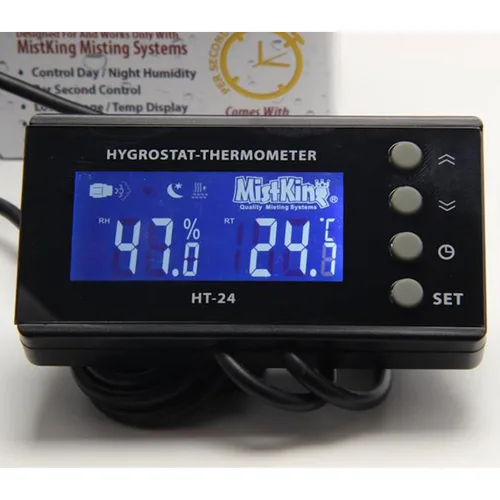 Vista 2 de MistKing Controlador de higróstato/termómetro (24 V CC) Control de humedad día/noche Control por segundo Pantalla de bajo voltaje/temperatura