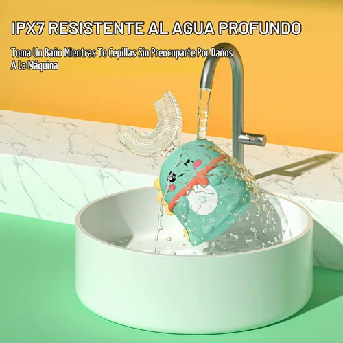 Vista 5 de Cepillo de dientes eléctrico para niños en forma de U, cepillo sónico automático para niños pequeños con 5 cabezales de cepillo, cepillos Dinosaurio